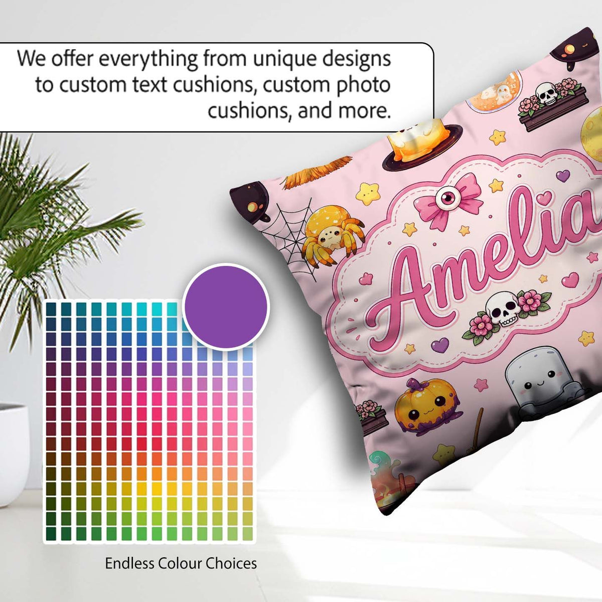 Custom Name Kawaii Spider Candle Moon Halloween Seamless Pattern Square Filled Cushion Throw Pillow Sofa Bed Home Decor Zip Washable UK Made