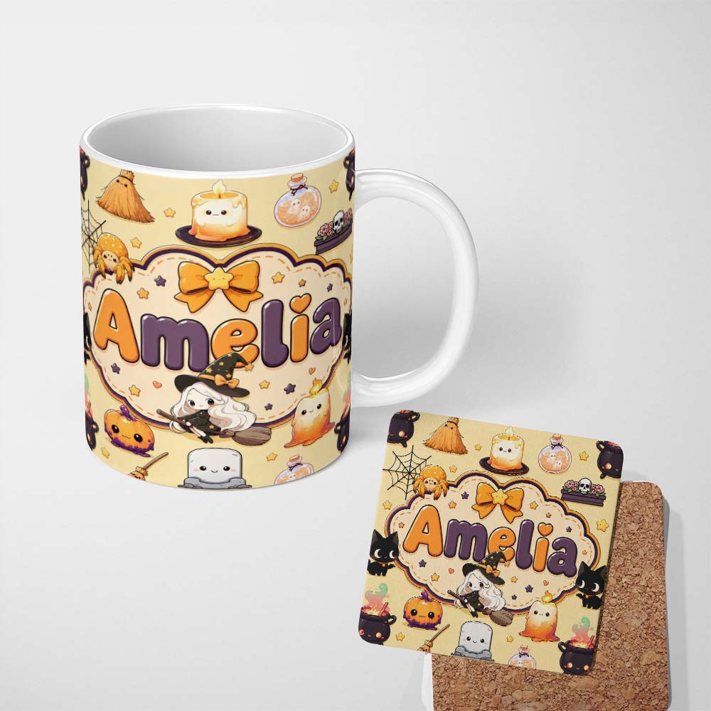 Personalized Custom Name Cute Witch Spider Candle Moon Halloween Seamless Pattern Yellow 11oz Ceramic Coffee Tea Mug White Large Handle