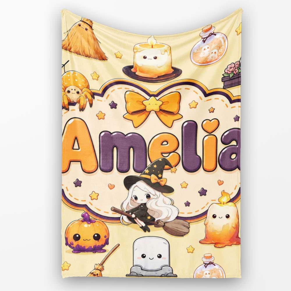 Cute Witch Spider Candle Moon Halloween Seamless Pattern Yellow Personalised Custom Name Super Soft Fleece Blanket Bed Sofa Throw