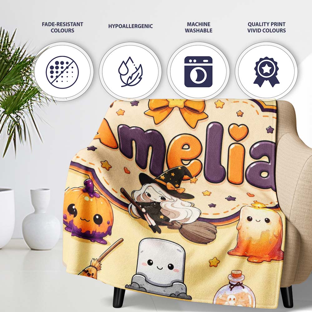 Cute Witch Spider Candle Moon Halloween Seamless Pattern Yellow Personalised Custom Name Super Soft Fleece Blanket Bed Sofa Throw