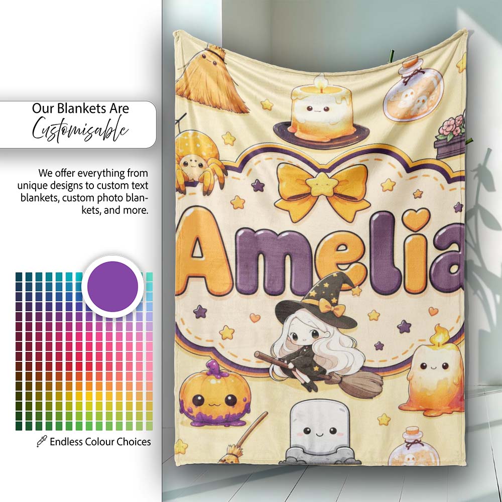 Cute Witch Spider Candle Moon Halloween Seamless Pattern Yellow Personalised Custom Name Super Soft Fleece Blanket Bed Sofa Throw