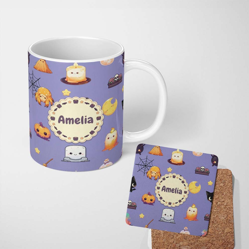 Personalized Custom Name Cute Witch Spider Candle Moon Halloween Seamless Pattern Purple 11oz Ceramic Coffee Tea Mug White Large Handle