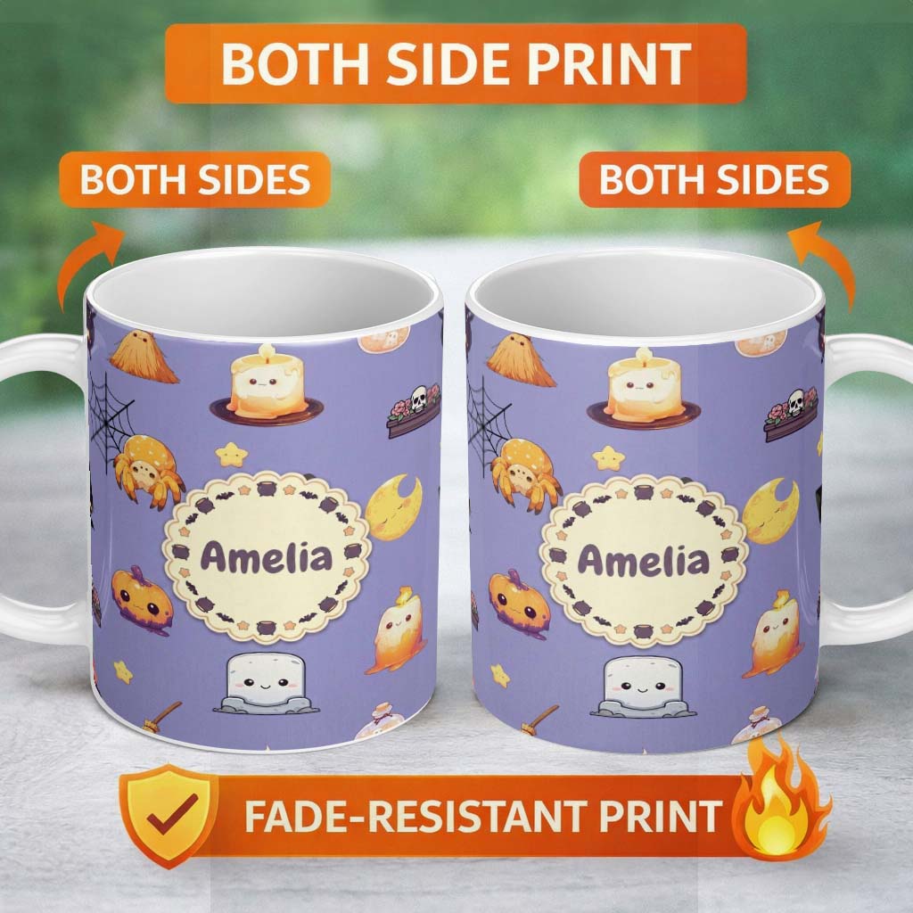 Personalized Custom Name Cute Witch Spider Candle Moon Halloween Seamless Pattern Purple 11oz Ceramic Coffee Tea Mug White Large Handle