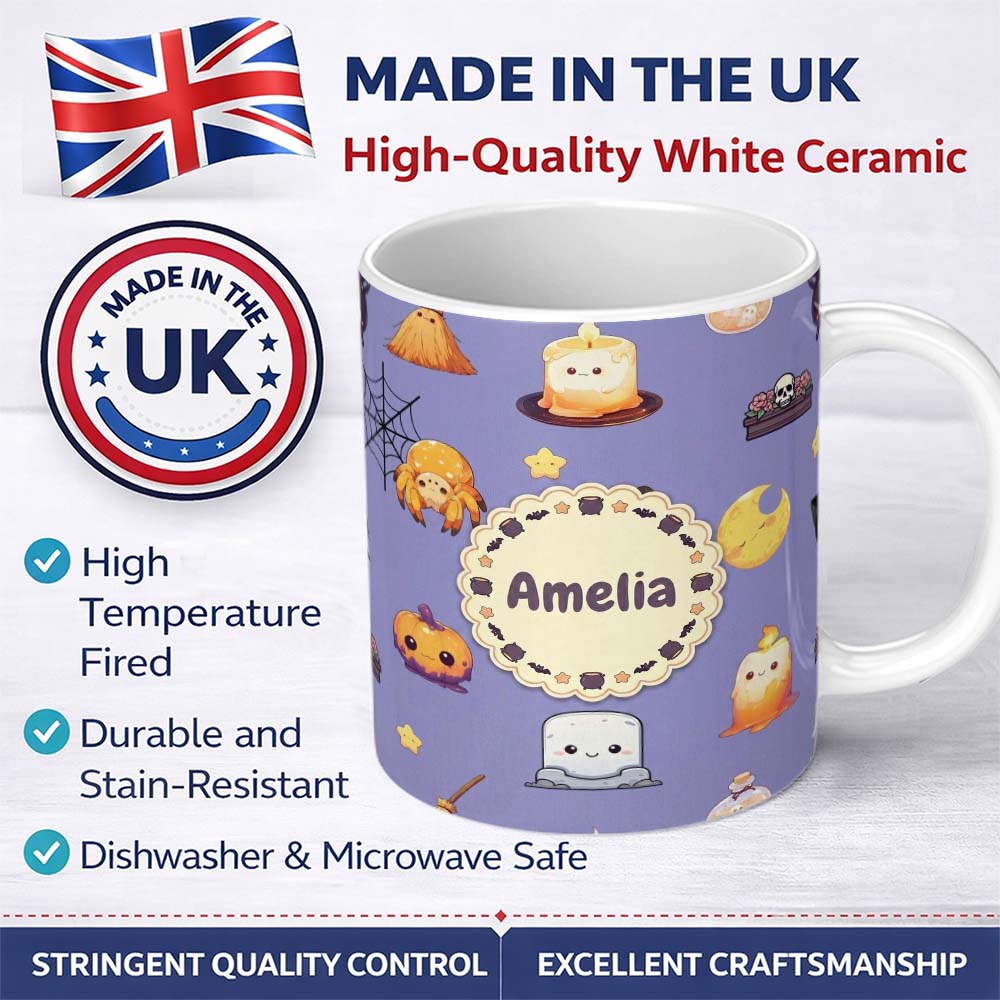 Personalized Custom Name Cute Witch Spider Candle Moon Halloween Seamless Pattern Purple 11oz Ceramic Coffee Tea Mug White Large Handle