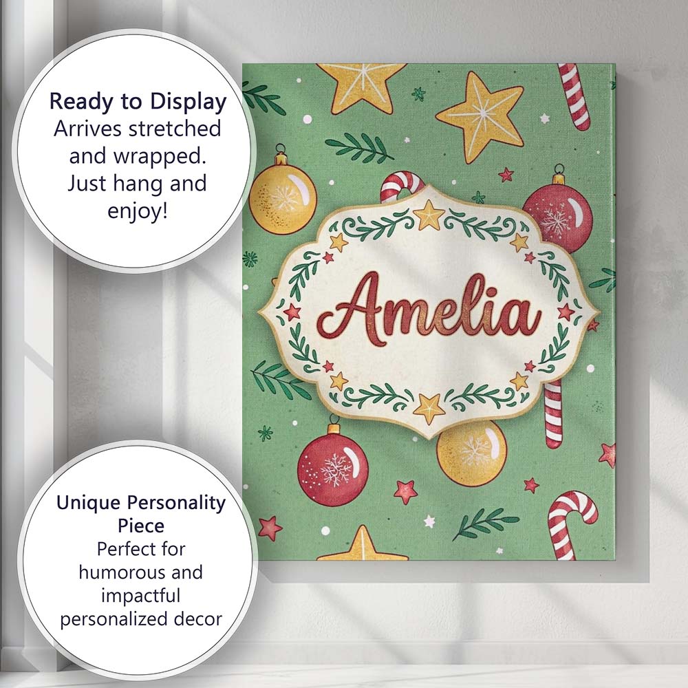 Personalised Name Christmas Candy Cane Baubles Stars Green Festive Custom Unique Canvas Wall Art Print Decor Picture Ready to Hang