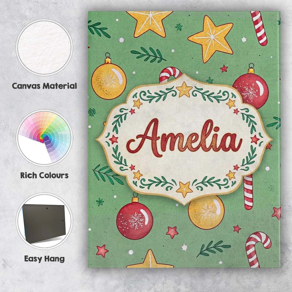 Personalised Name Christmas Candy Cane Baubles Stars Green Festive Custom Unique Canvas Wall Art Print Decor Picture Ready to Hang