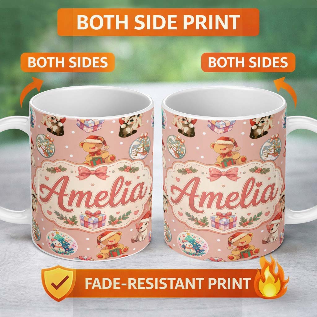 Personalized Custom Name Cute Christmas Cats Teddy Gift Baubles Seamless Pattern Pink 11oz Ceramic Coffee Tea Mug White Large Handle