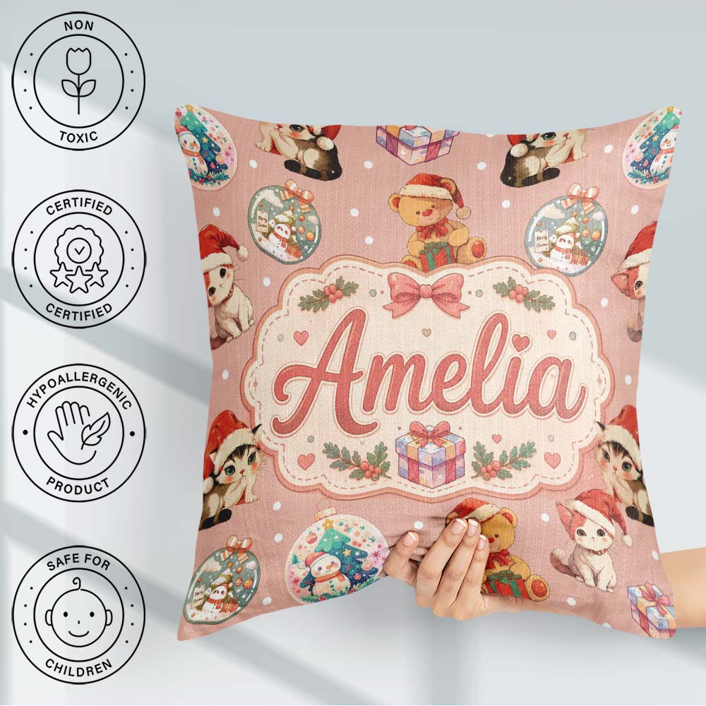 Custom Name Christmas Cats Teddy Baubles Seamless Pattern Pink Square Filled Cushion Throw Pillow Sofa Bed Home Decor Zip Washable UK Made