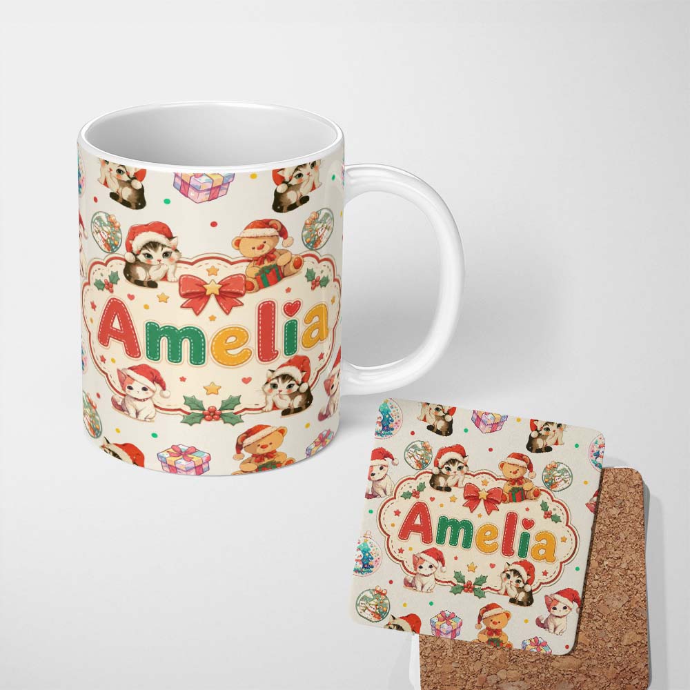 Personalized Custom Name Cute Christmas Cats Teddy Gift Baubles Seamless Pattern Cream 11oz Ceramic Coffee Tea Mug White Large Handle