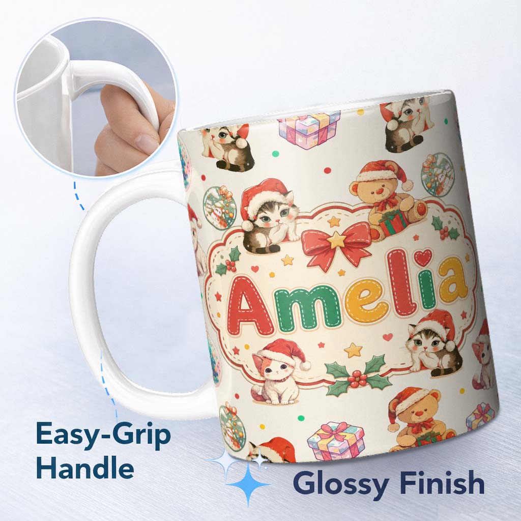 Personalized Custom Name Cute Christmas Cats Teddy Gift Baubles Seamless Pattern Cream 11oz Ceramic Coffee Tea Mug White Large Handle