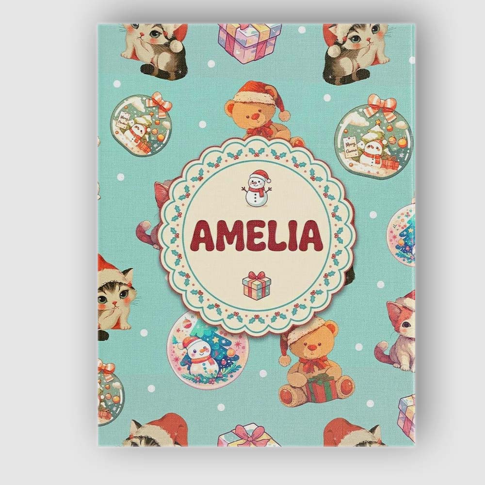 Personalised Name Cute Christmas Cats Teddy Custom Bespoke Interior Contemporary Canvas Wall Art Print Decor Picture Ready to Hang