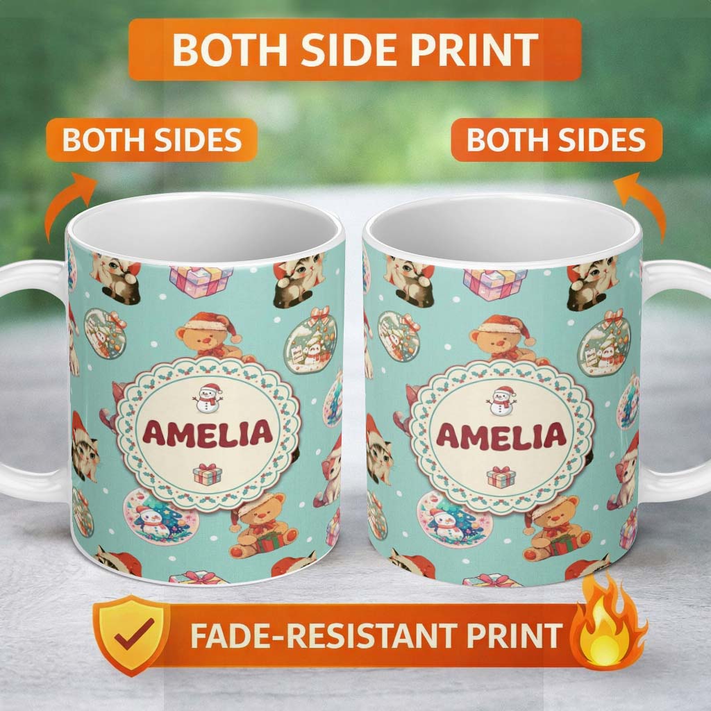 Personalized Custom Name Cute Christmas Cats Teddy Bear Baubles on Teal Background Seamless 11oz Ceramic Coffee Tea Mug White Large Handle