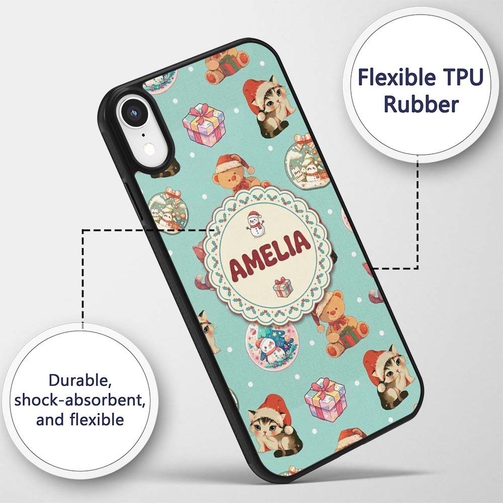 Cute Christmas Cats Teddy Bear Baubles on Teal Custom Name Protective Phone Case Mobile Cover Durable Everyday Smartphone Shock Resistant