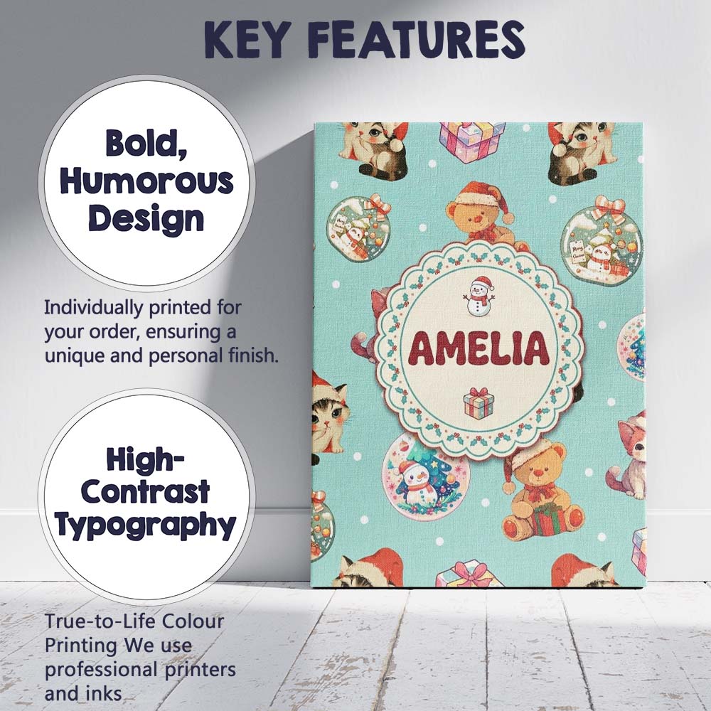 Personalised Name Cute Christmas Cats Teddy Custom Bespoke Interior Contemporary Canvas Wall Art Print Decor Picture Ready to Hang