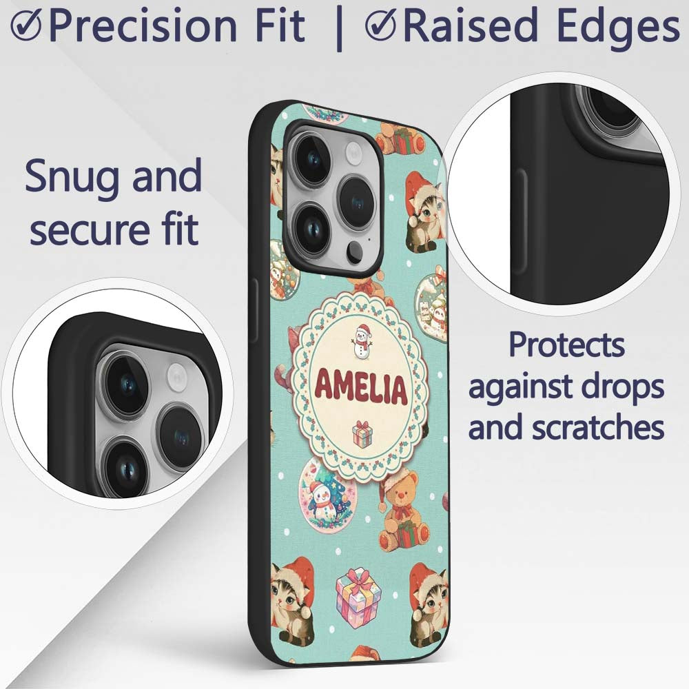Cute Christmas Cats Teddy Bear Baubles on Teal Custom Name Protective Phone Case Mobile Cover Durable Everyday Smartphone Shock Resistant