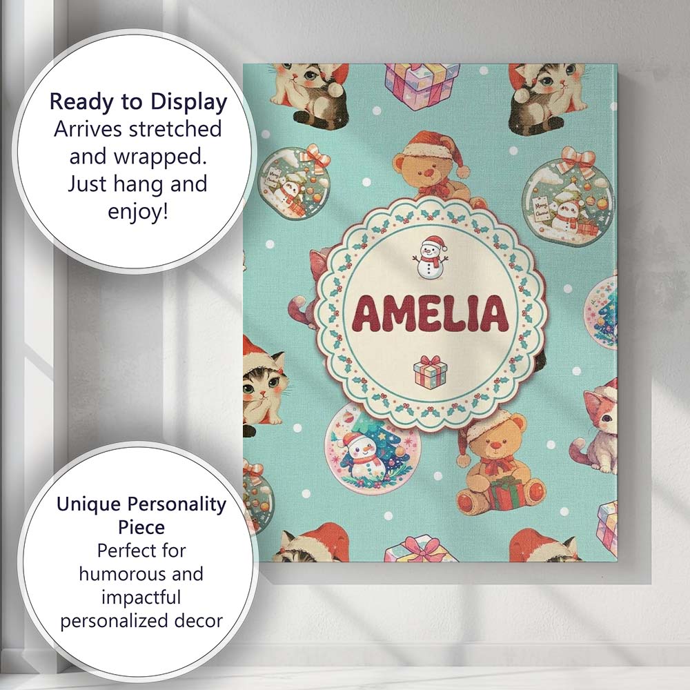 Personalised Name Cute Christmas Cats Teddy Custom Bespoke Interior Contemporary Canvas Wall Art Print Decor Picture Ready to Hang