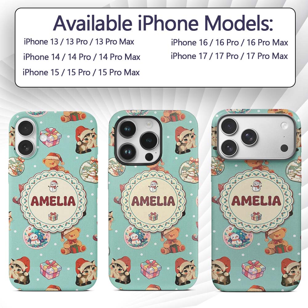 Cute Christmas Cats Teddy Bear Baubles on Teal Custom Name Protective Phone Case Mobile Cover Durable Everyday Smartphone Shock Resistant