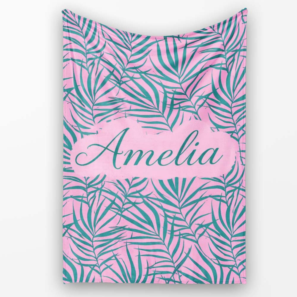 Bold Tropical Leaves Pink Green Abstract Seamless Pattern Lovely Personalised Custom Name Super Soft Fleece Blanket Bed Sofa Throw