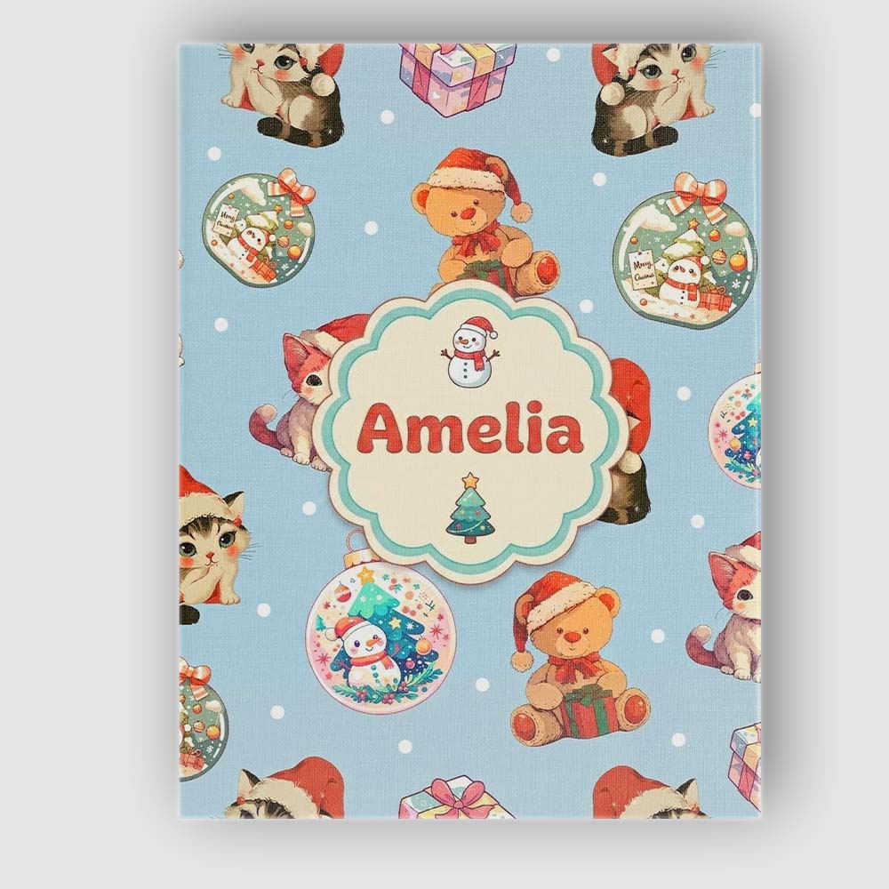 Personalised Name Cute Christmas Cat Teddy Custom Unique Gift Idea Elegant Feature Canvas Wall Art Print Decor Picture Ready to Hang