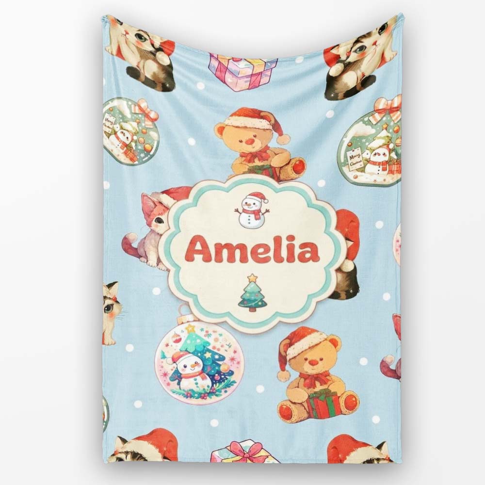 Cute Christmas Cat Teddy Bear Baubles on Light Blue Background Personalised Custom Name Super Soft Fleece Blanket Bed Sofa Throw