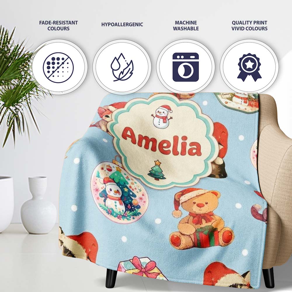Cute Christmas Cat Teddy Bear Baubles on Light Blue Background Personalised Custom Name Super Soft Fleece Blanket Bed Sofa Throw