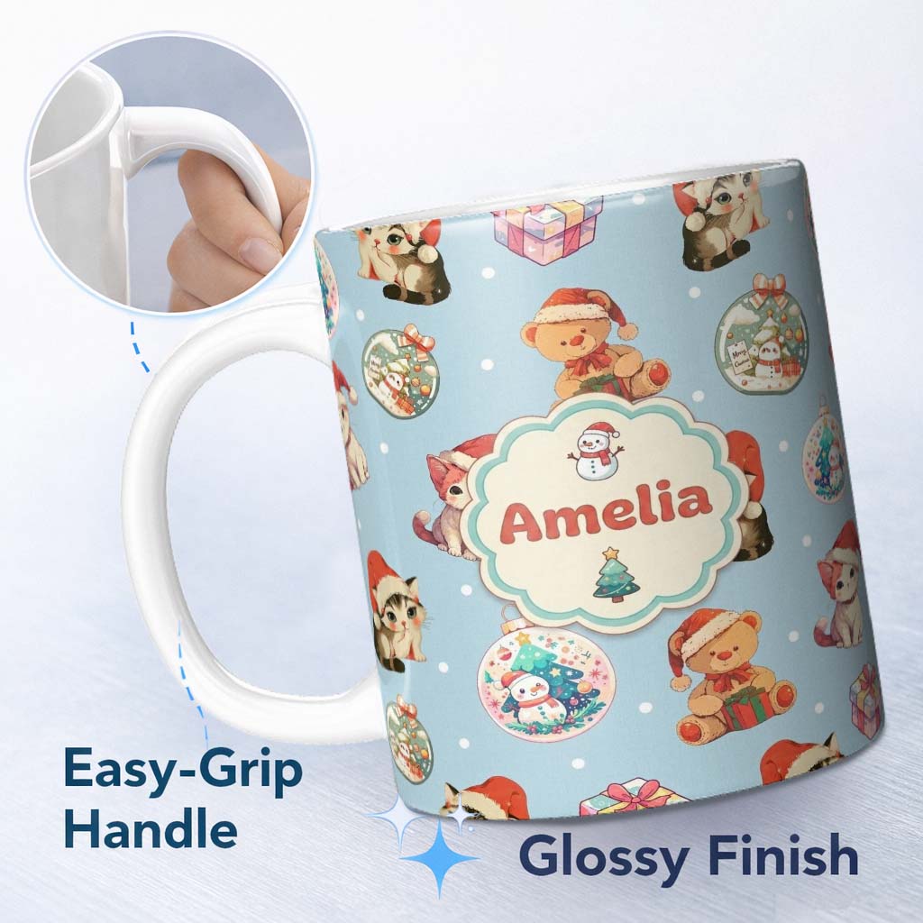 Personalized Custom Name Cute Christmas Cat Teddy Bear Baubles on Light Blue Background 11oz Ceramic Coffee Tea Mug White Large Handle