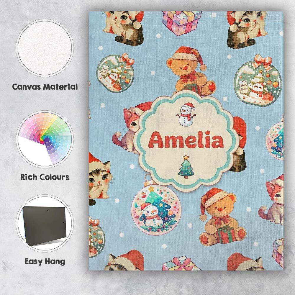 Personalised Name Cute Christmas Cat Teddy Custom Unique Gift Idea Elegant Feature Canvas Wall Art Print Decor Picture Ready to Hang