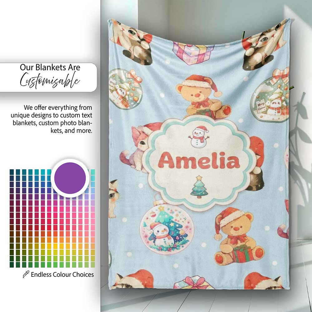Cute Christmas Cat Teddy Bear Baubles on Light Blue Background Personalised Custom Name Super Soft Fleece Blanket Bed Sofa Throw
