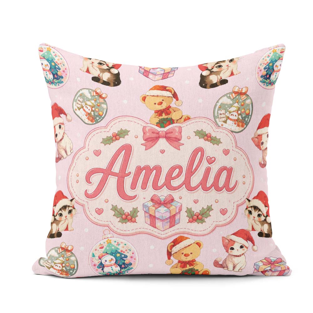 Custom Name Cute Cats Teddy Bear Baubles on Soft Pink Background Square Filled Cushion Throw Pillow Sofa Bed Home Decor Zip Washable UK Made