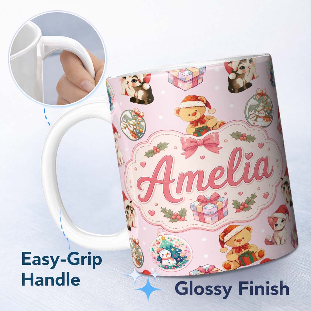 Personalized Custom Name Cute Christmas Cats Teddy Bear Baubles on Soft Pink Background 11oz Ceramic Coffee Tea Mug White Large Handle
