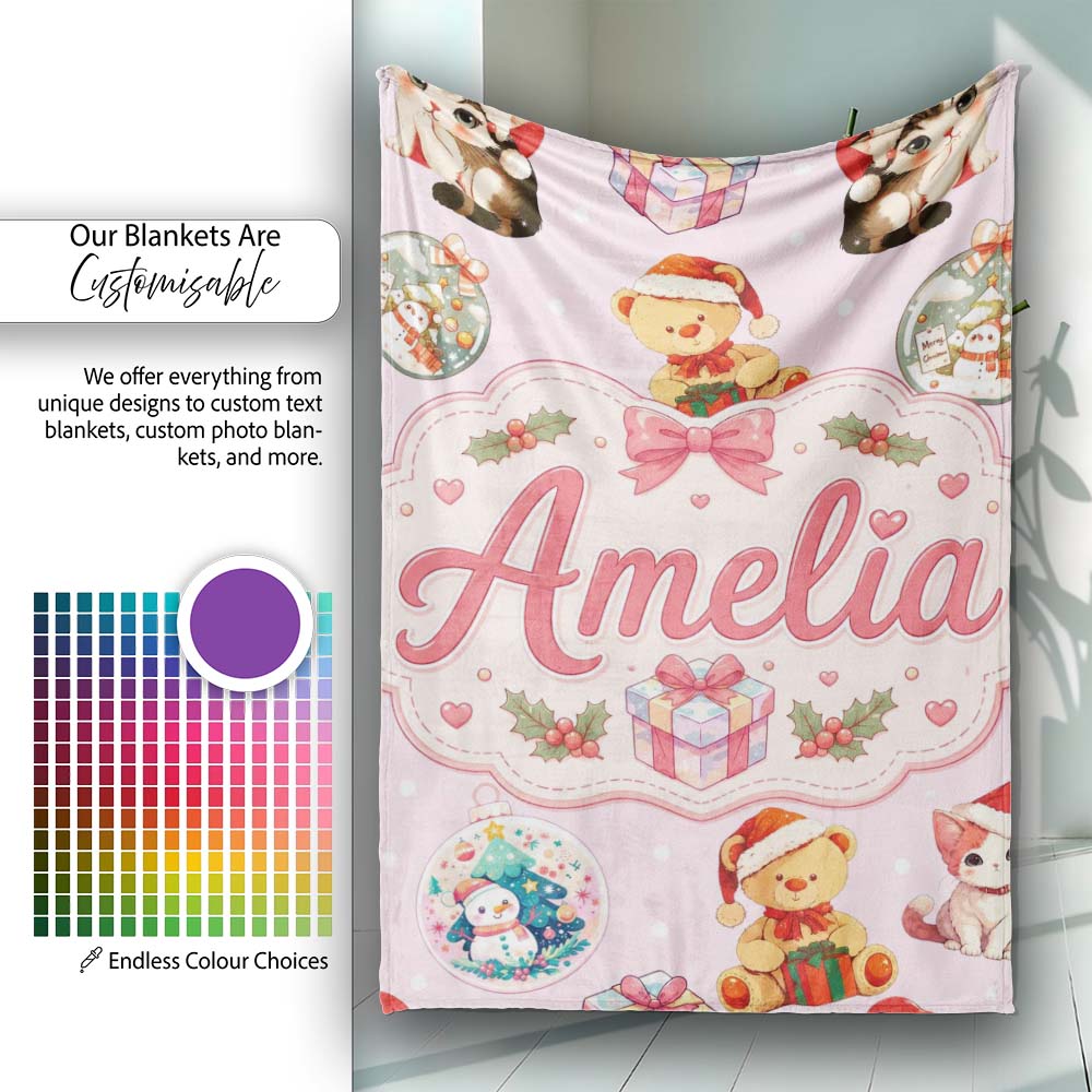 Cute Christmas Cats Teddy Bear Baubles on Soft Pink Background Personalised Custom Name Super Soft Fleece Blanket Bed Sofa Throw