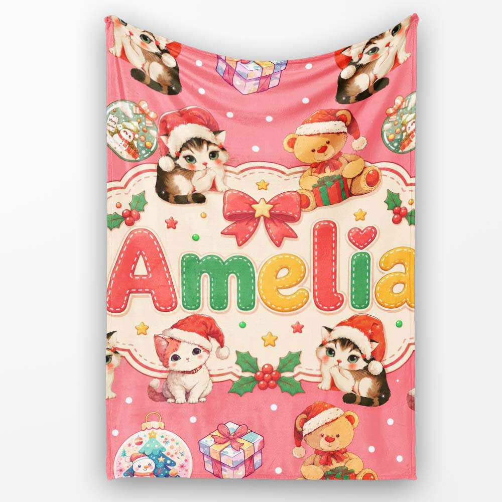 Cute Christmas Cat Teddy Bear Baubles on Coral Pink Background Personalised Custom Name Super Soft Fleece Blanket Bed Sofa Throw
