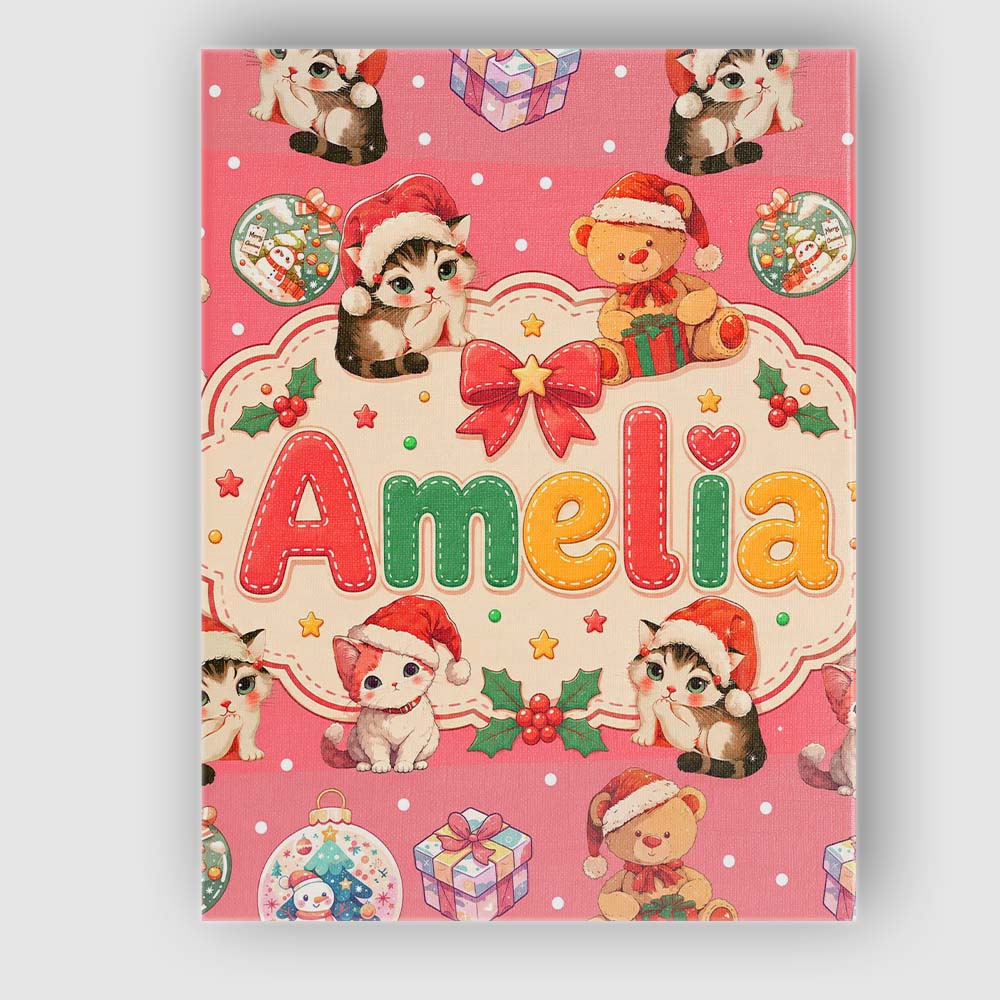 Personalised Name Cute Christmas Cat Teddy Custom Unique Gift Idea Elegant Feature Canvas Wall Art Print Decor Picture Ready to Hang