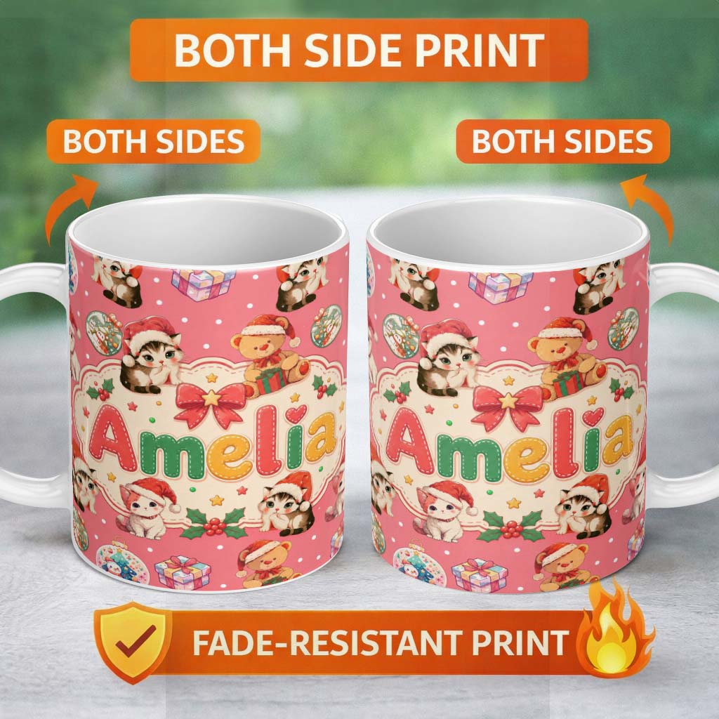 Personalized Custom Name Cute Christmas Cat Teddy Bear Baubles on Coral Pink Background 11oz Ceramic Coffee Tea Mug White Large Handle
