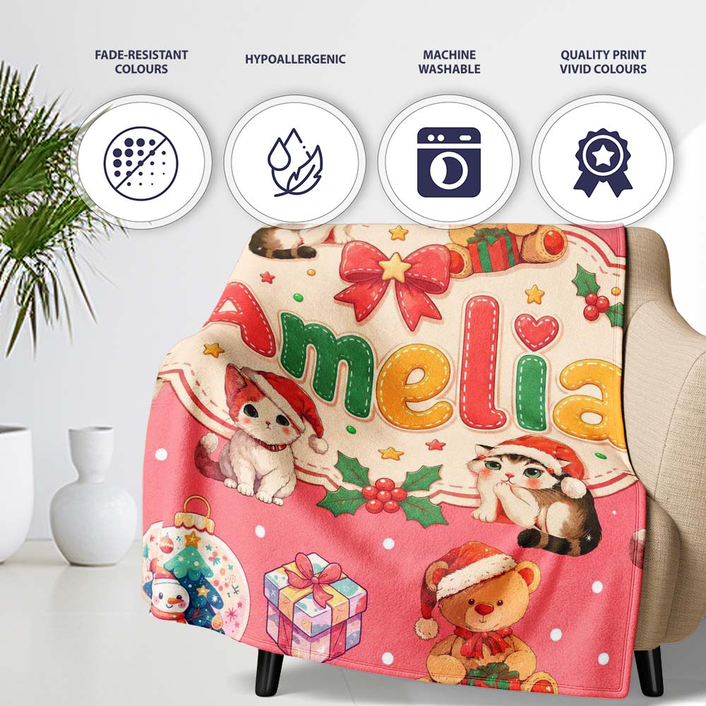 Cute Christmas Cat Teddy Bear Baubles on Coral Pink Background Personalised Custom Name Super Soft Fleece Blanket Bed Sofa Throw