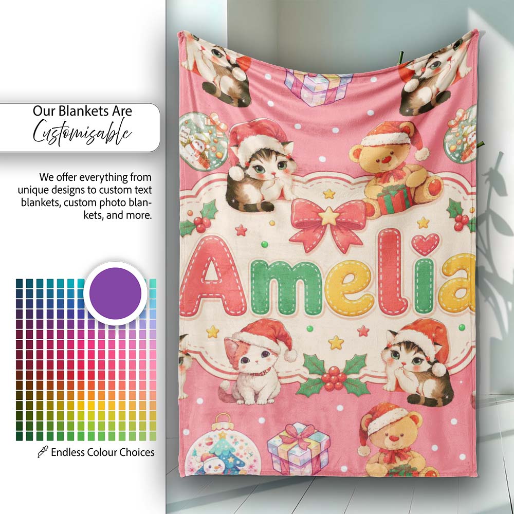 Cute Christmas Cat Teddy Bear Baubles on Coral Pink Background Personalised Custom Name Super Soft Fleece Blanket Bed Sofa Throw