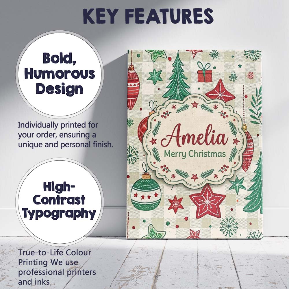 Personalised Name Christmas Ornaments Trees Snowflakes Checkered Custom Interior Canvas Wall Art Print Decor Picture Ready to Hang
