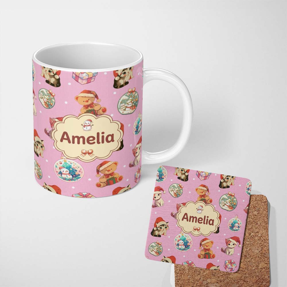 Personalized Custom Name Cute Christmas Cat Teddy Bear Baubles on Dusty Pink Background 11oz Ceramic Coffee Tea Mug White Large Handle