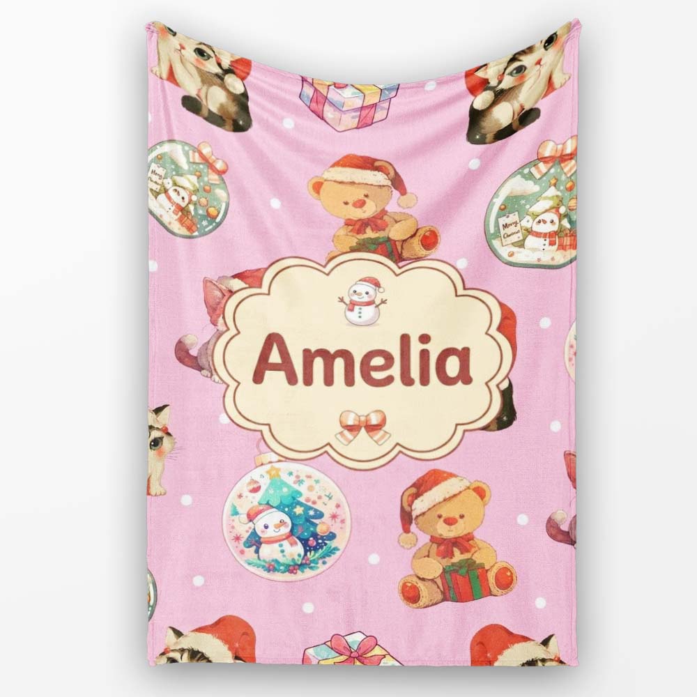 Cute Christmas Cat Teddy Bear Baubles on Dusty Pink Background Personalised Custom Name Super Soft Fleece Blanket Bed Sofa Throw