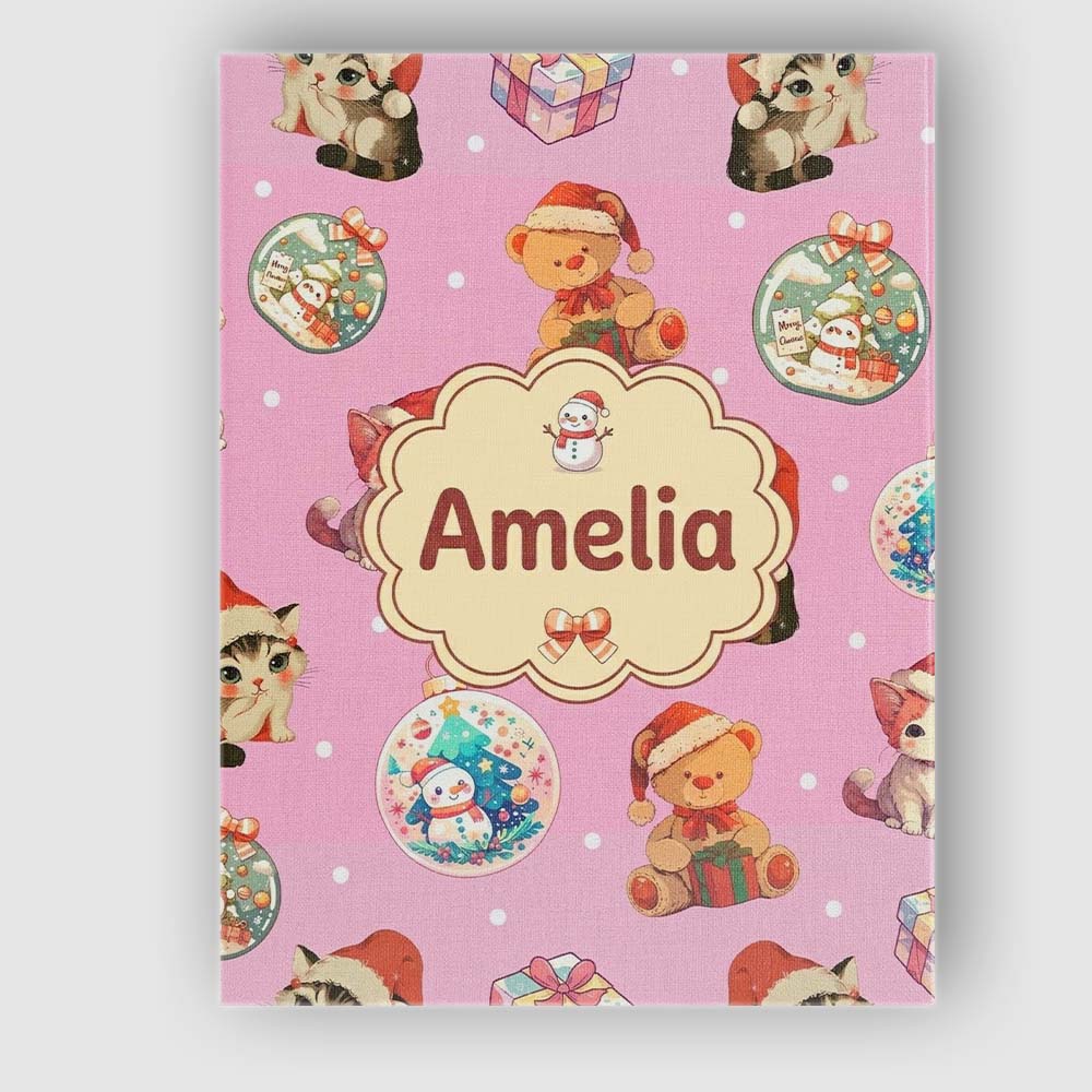 Personalised Name Cute Christmas Cat Teddy Custom Unique Gift Idea Elegant Feature Canvas Wall Art Print Decor Picture Ready to Hang
