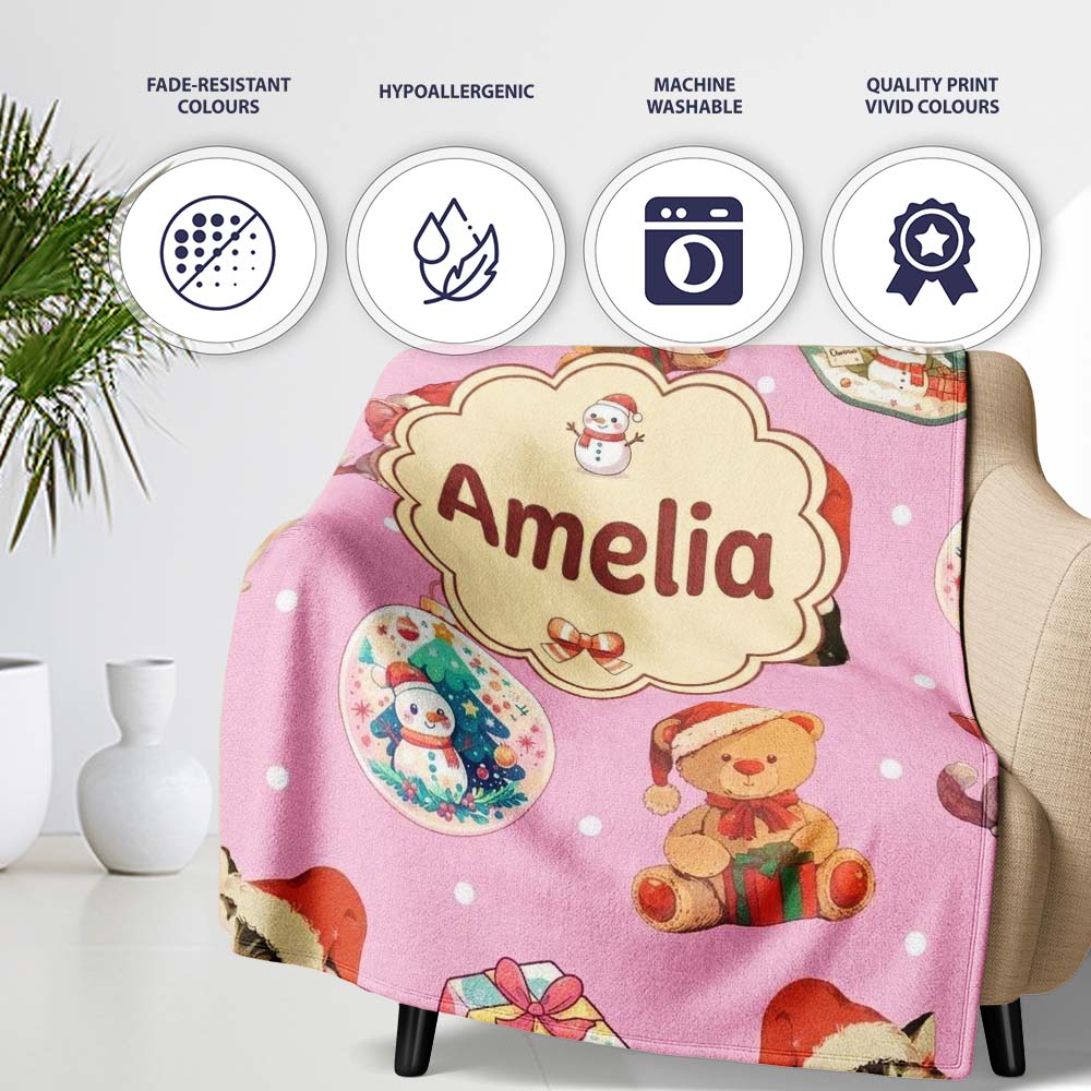 Cute Christmas Cat Teddy Bear Baubles on Dusty Pink Background Personalised Custom Name Super Soft Fleece Blanket Bed Sofa Throw