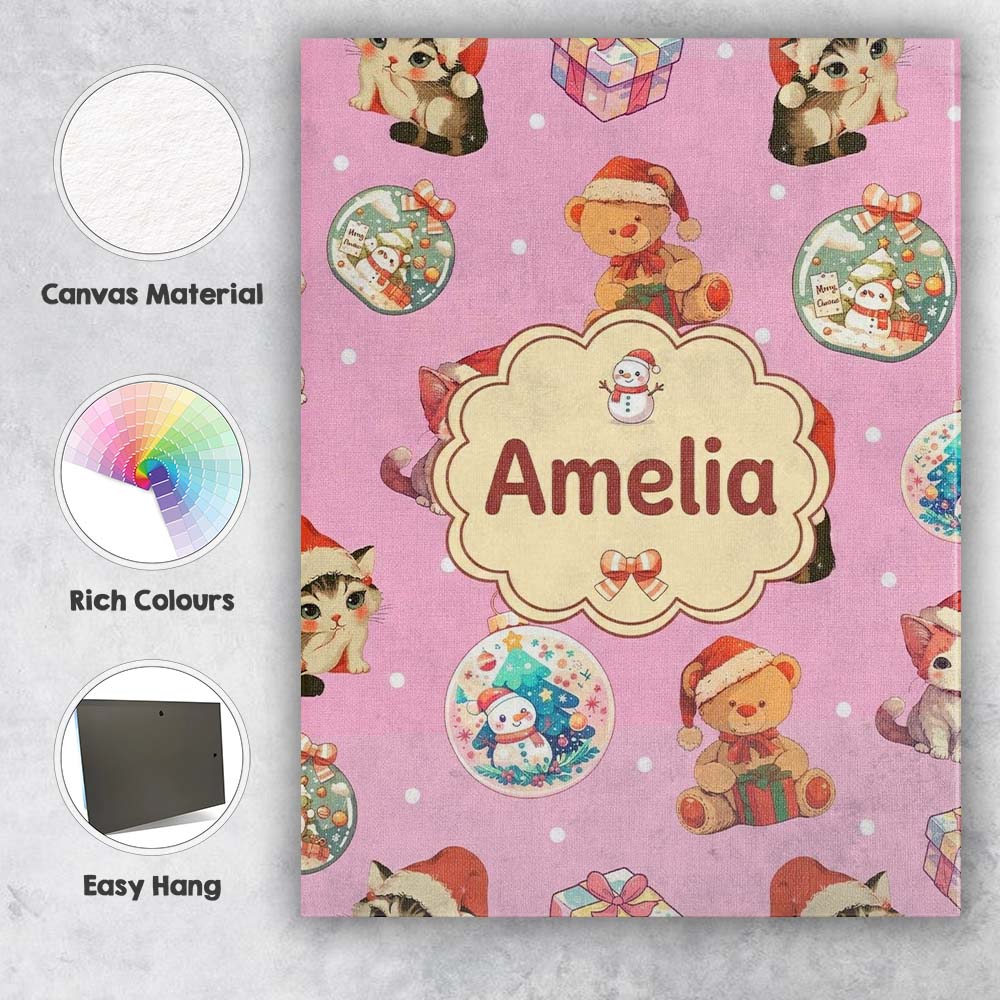 Personalised Name Cute Christmas Cat Teddy Custom Unique Gift Idea Elegant Feature Canvas Wall Art Print Decor Picture Ready to Hang