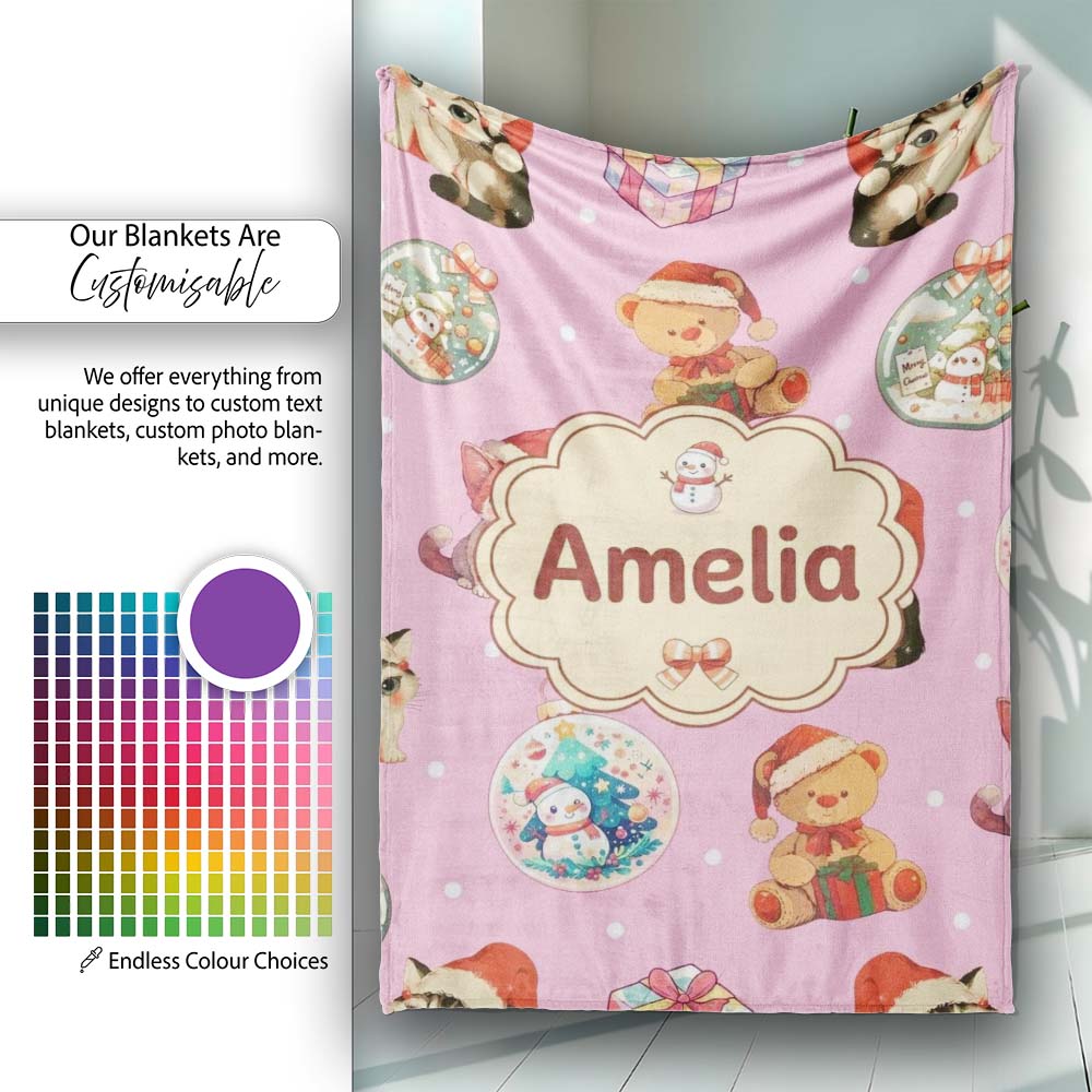 Cute Christmas Cat Teddy Bear Baubles on Dusty Pink Background Personalised Custom Name Super Soft Fleece Blanket Bed Sofa Throw