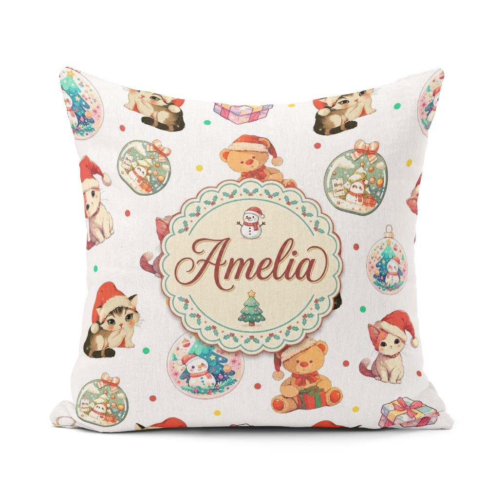 Custom Name Christmas Cat Teddy Bear Baubles on White Background Square Filled Cushion Throw Pillow Sofa Bed Home Decor Zip Washable UK Made