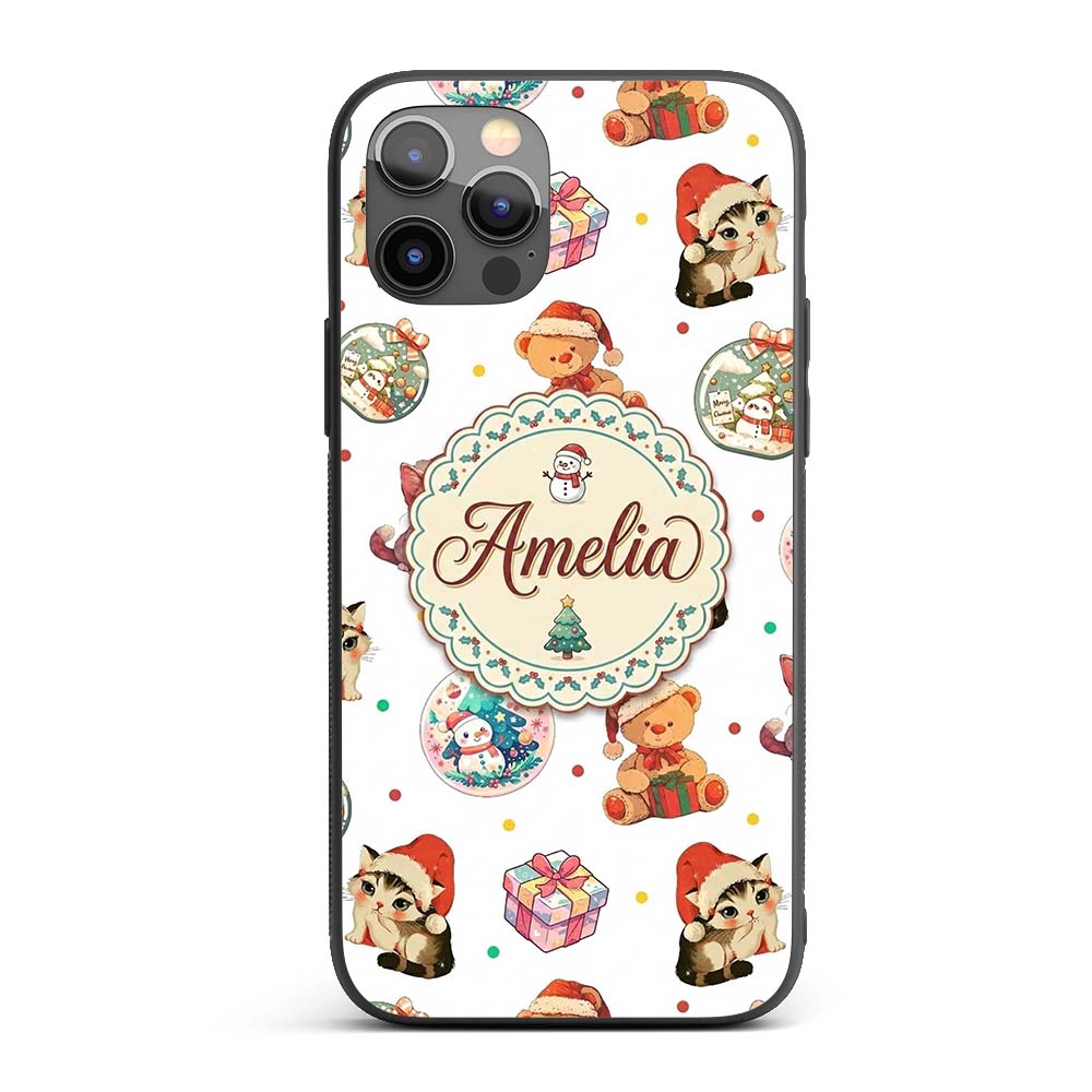 Cute Christmas Cat Teddy Bear Baubles on White Custom Name Protective Phone Case Mobile Cover Durable Everyday Smartphone Shock Resistant
