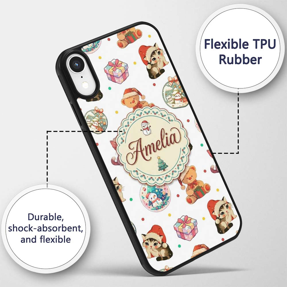 Cute Christmas Cat Teddy Bear Baubles on White Custom Name Protective Phone Case Mobile Cover Durable Everyday Smartphone Shock Resistant