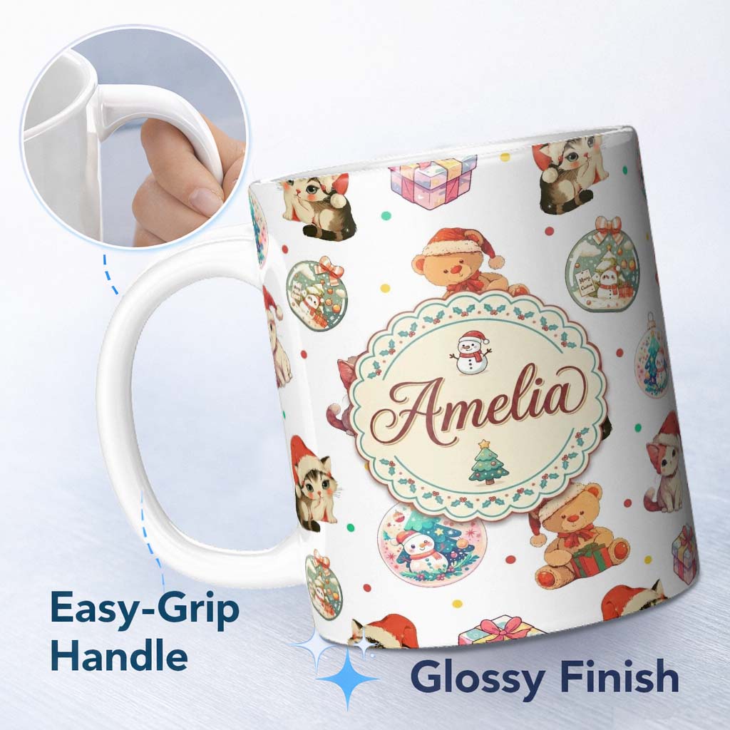 Personalized Custom Name Cute Christmas Cat Teddy Bear Baubles on White Background Seamless 11oz Ceramic Coffee Tea Mug White Large Handle