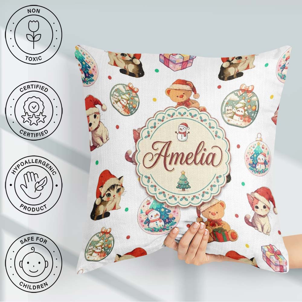 Custom Name Christmas Cat Teddy Bear Baubles on White Background Square Filled Cushion Throw Pillow Sofa Bed Home Decor Zip Washable UK Made
