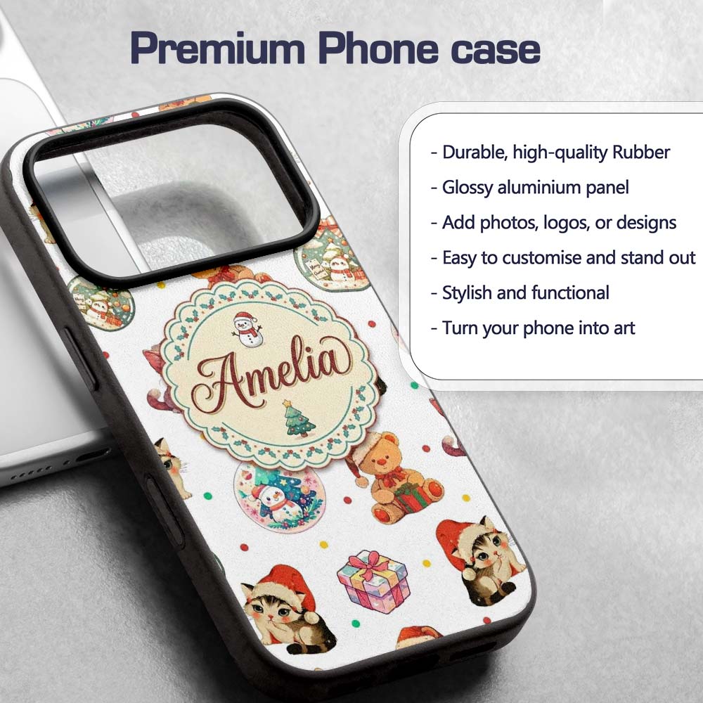 Cute Christmas Cat Teddy Bear Baubles on White Custom Name Protective Phone Case Mobile Cover Durable Everyday Smartphone Shock Resistant