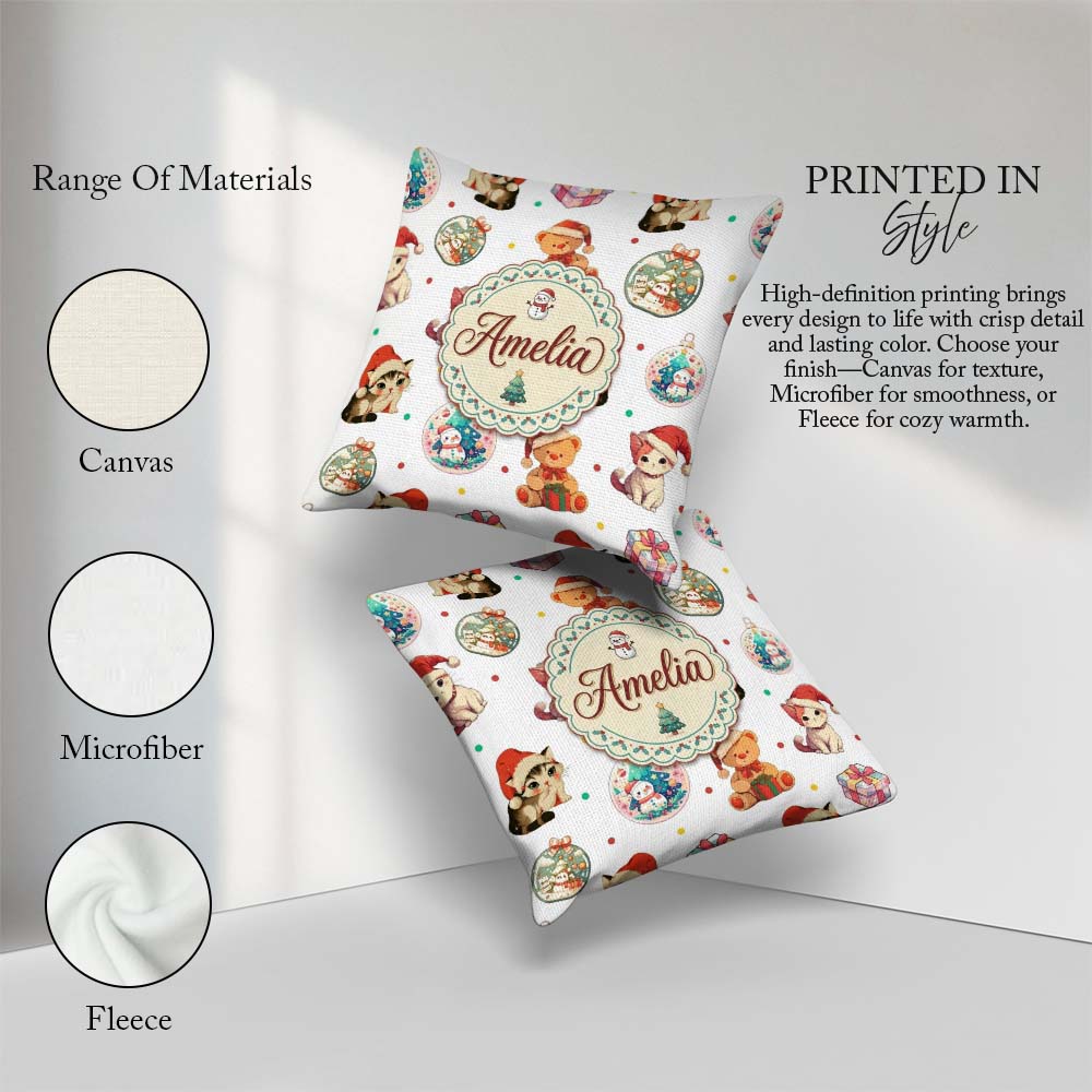 Custom Name Christmas Cat Teddy Bear Baubles on White Background Square Filled Cushion Throw Pillow Sofa Bed Home Decor Zip Washable UK Made